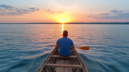Fototapeta premium Man Rowing Boat on Calm Lake at Sunset