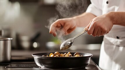 A chef stirs sautéed mushrooms in a pan, showcasing culinary skills and steam rising to create a dynamic kitchen atmosphere.