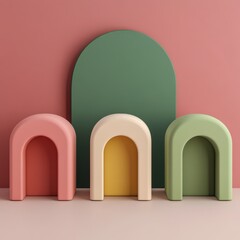 Fototapeta premium Abstract arrangement of colorful arch-shaped structures against a pastel backdrop.