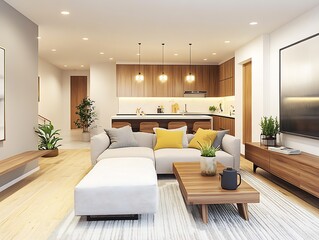 Modern Living Room with Neutral Colors and Open Kitchen Design : Generative AI