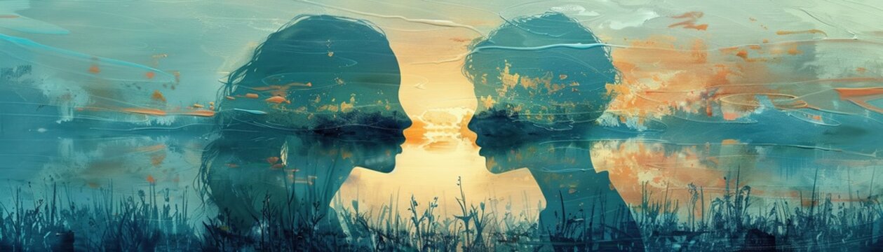 During a peaceful sunset, a couples auras merge, creating a beautiful blend of pastel hues A painted scene with soft, golden hour lighting to depict love and harmony through visual communication
