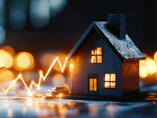 A house with a graph showing a rise in value. The house is surrounded by coins, which could represent wealth or prosperity. Concept of growth and success, as the house's value is increasing