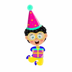 Cute happy kid with balloons and birthday  cap , party hat on a white background