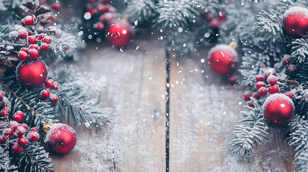 Aufkleber festive holiday background with snow covered pine branches and red christmas ornaments on rustic woo