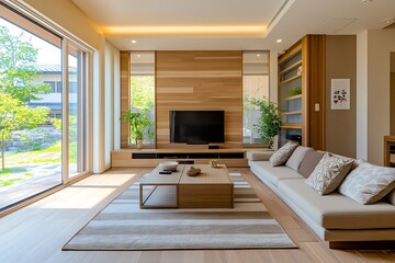 Obraz premium Modern Bright Living Room with Large Windows Natural Light and Minimalist Contemporary Decor : Generative AI