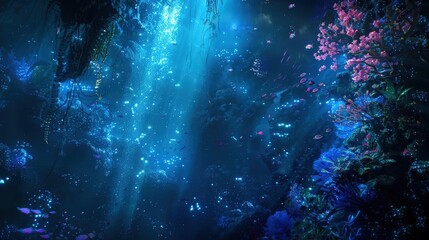Fototapeta premium Explore a vast underwater world teeming with bioluminescent flora and fauna Dive into an adventure abyss illuminated by ethereal