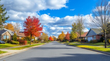 Inviting Suburban Street with Clean Lines and Colorful Trees