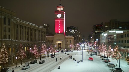 Fototapeta premium Bustling City Square with Festive Christmas Decorations and Red Clock Tower : Generative AI