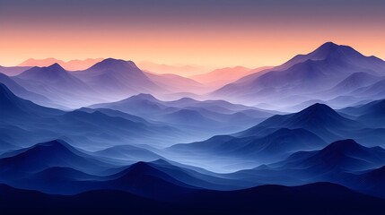 Obraz premium A serene view of rolling blue mountains at dusk, cascading into softer shades of purple and orange, creating a tranquil and dreamy atmosphere.