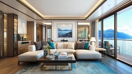 Fototapeta premium Luxurious Seaside Living Room Interior with Floor-to-Ceiling Windows
