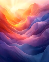 A breathtaking abstract landscape featuring flowing waves of vibrant colors in warm oranges, pinks, and cool blues, illuminated by a gentle sunrise glow.