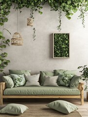 NatureInspired Living Room with Greenery and Woven Elements for Relaxed Bohemian Style : Generative AI