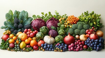 Colorful arrangement of various fruits and vegetables.