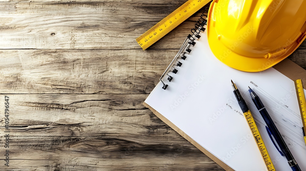 Poster Construction Planning Workspace with Hard Hat and Tools on Rustic Wooden Table Top View : Generative AI