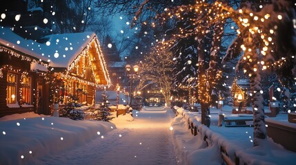 Winter Wonderland Christmas Village with Snowfall and Illuminated Pathway : Generative AI