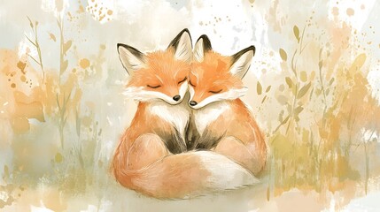 Pastel-colored foxes cuddling in a soft watercolor forest scene