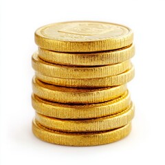 A stack of gold coins arranged neatly on a white background.