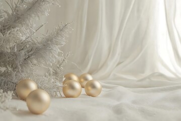 The pine tree branch is adorned with golden and silver ornaments, while the white light shines on it from behind. The background features pine cones and delicate decorations. 