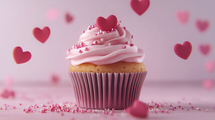 Love is in the Air: A delightful pink cupcake, adorned with heart-shaped sprinkles and a charming pink heart on top, is surrounded by floating hearts, creating a dreamy, romantic atmosphere.