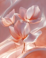 Obraz premium Delicate pink flowers gracefully rise above soft, flowing fabric, embodying elegance and tranquility in a serene, pastel composition.