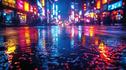 Obraz premium Vibrant city street at night with reflections in rain-soaked pavement.