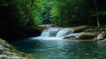 Tranquil Forest Waterfall in Serene Lush Green Woodland Captured on a Peaceful Day : Generative AI
