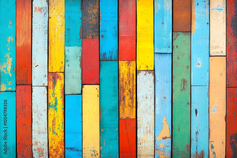Poster vibrant multicolored weathered wooden planks for rustic decorative background : generative ai