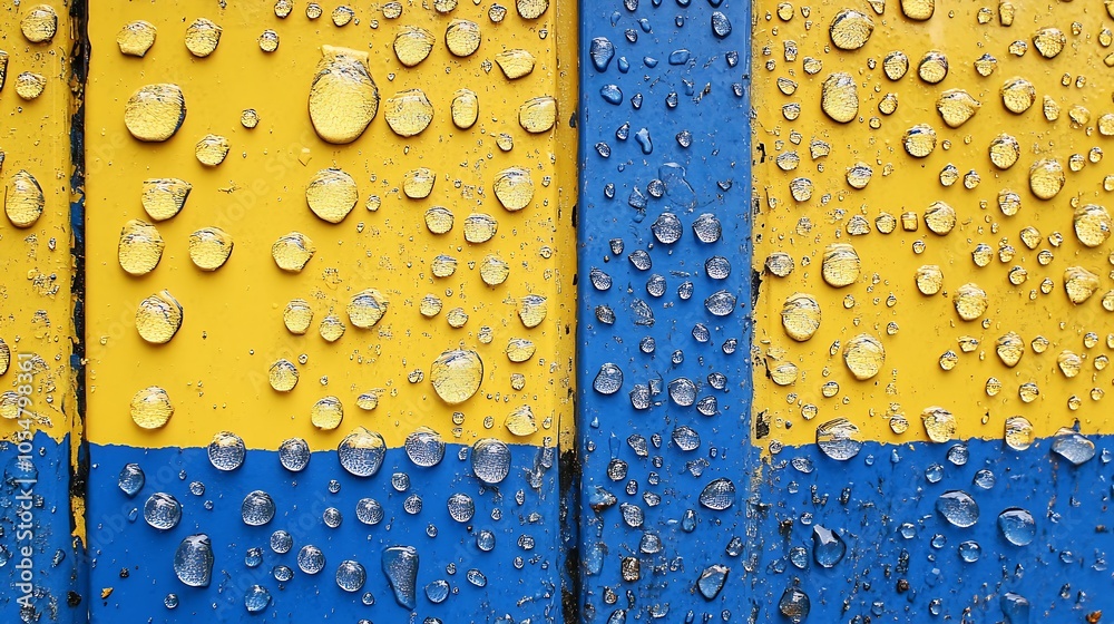 Leinwandbilder abstract yellow and blue panel with water droplets creating unique patterns : generative ai