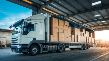 Fully Loaded Delivery Trucks with Packed Boxes at a Modern Warehouse, Loading Boxes On a Track, Side View Image