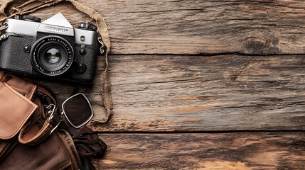 Vintage Film Camera with Bag and Glasses on Rustic Wooden Table : Generative AI