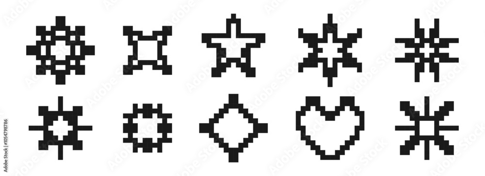 Poster Pixelated star and flower element set. Black 8-bit pixel art collection. Retro binary sparkle, shine burst, glitter geometric form pack. y2k style pixel icon bundle. Vector illustration
