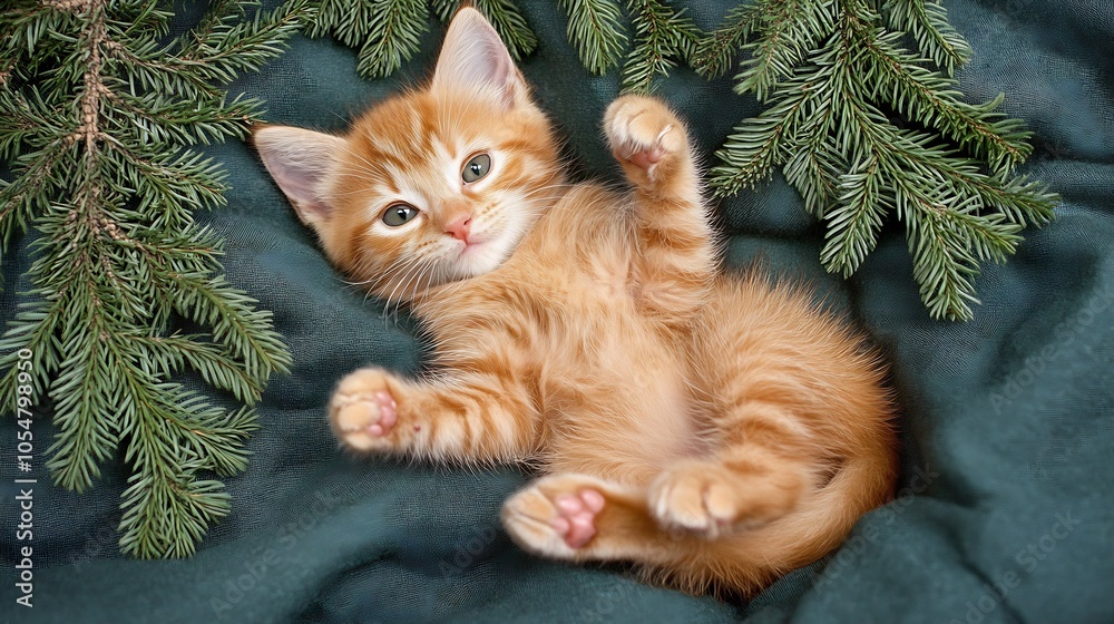 Poster adorable ginger kitten playfully lying on soft green blanket : generative ai