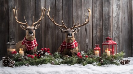 Rustic Holiday Decor with Reindeer Figurines Pinecones and Candles on Wooden Background : Generative AI