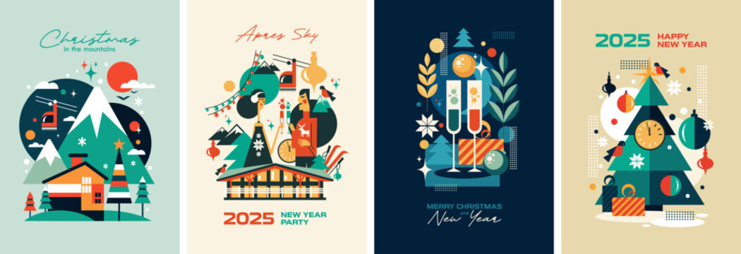 Set of stylish posters in geometric style on the theme of winter, Christmas and New Year's holiday. Mountains, winter, ski resort, champagne, Christmas tree, cozy houses and festive mood