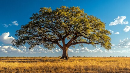 A towering giant oak tree standing alone in the middle of a grassy plain