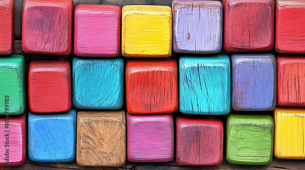 Aufkleber Vibrant Colorful Wooden Blocks in an Assorted Grid Pattern Full of Bright Hues : Generative AI