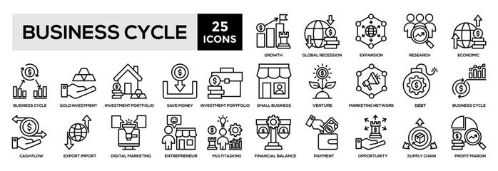 Business cycle icon collection set.Containing expansion,recession,financial,economic,investment,growth icon.Simple line vector illustration.