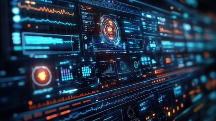 Fototapeta premium Futuristic digital interface with data visualizations and graphs.