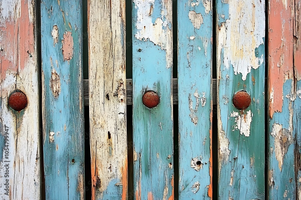 Poster rustic weathered wooden fence with peeling multicolored paint : generative ai
