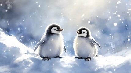 Soft watercolor of pastel-colored baby penguins playing in the snow under a dreamy sky