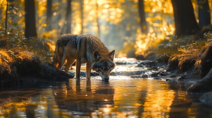 A tranquil forest clearing wolf drinking from the water under the soft dappled sunlight