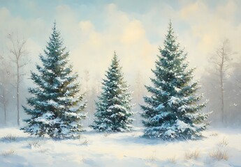Fototapeta premium Christmas trees in the snow, misty forest, oil painting, airbrushing, dreamlike atmosphere, fantasy, white and green colors, snowy landscape, Christmas decorations on pine tree
