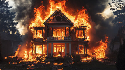 The house is on fire. A dramatic scene showcasing a house completely consumed by fire, surrounded by smoke and a gloomy sky background.