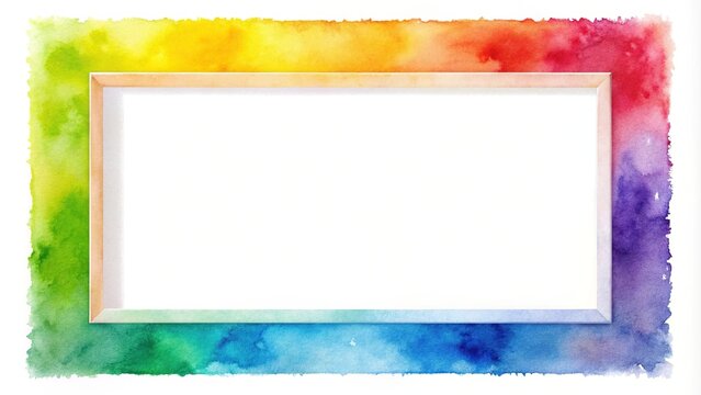 Watercolor rainbow design with long shot frame border on white background