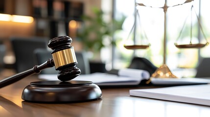 Professional legal setting with gavel and scales of justice on desk : Generative AI