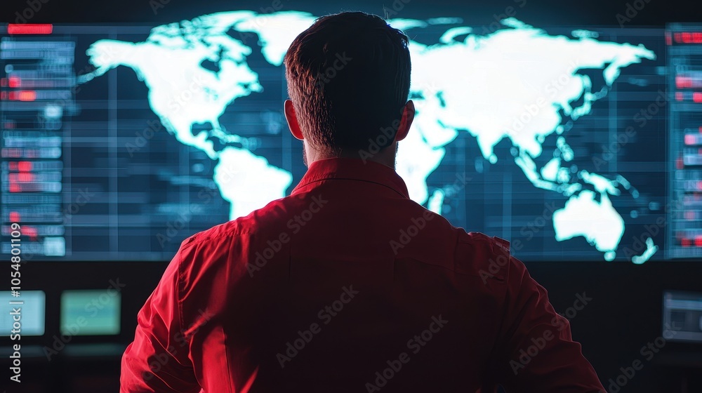 Poster a person in a red jacket observes a digital world map on a screen, surrounded by data and analytics 