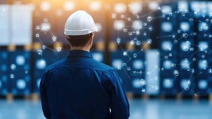 A worker in a hard hat observes digital data graphics over a warehouse filled with stacked cargo, symbolizing technology in logistics and industry.