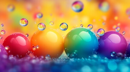 Vibrant Colorful Spheres with Water Droplets on Brightly Colored Background : Generative AI