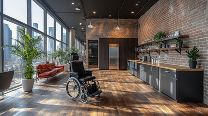 A wheelchair user working in a modern office kitchen with large windows and city views