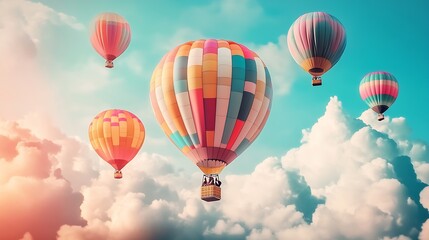 Obraz premium Colorful Hot Air Balloons Floating Among Soft Clouds in Blue Sky : Generative AI
